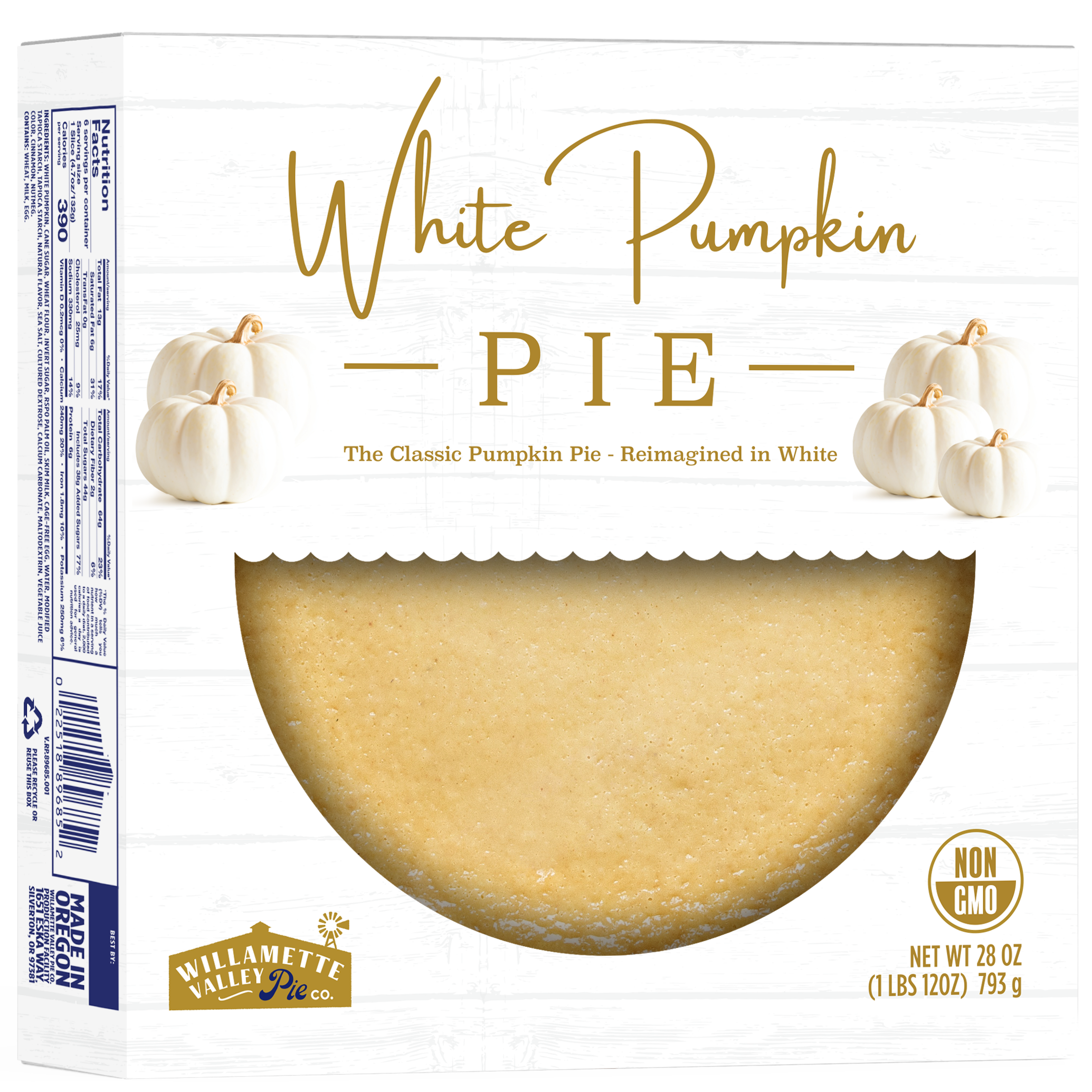 White pumpkin pie packaging with pumpkins on a white background